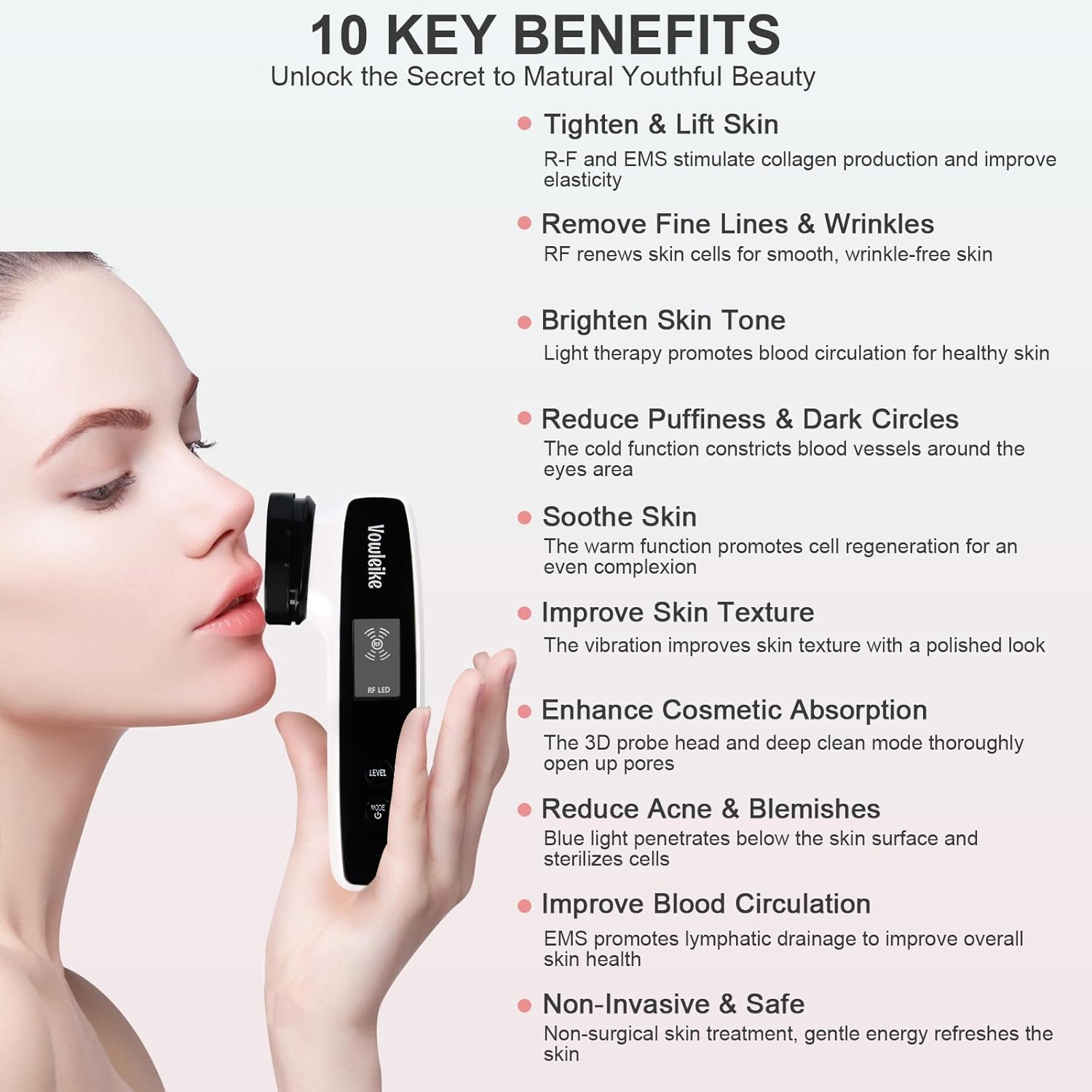 Dispositivo facial Microcurrente, Vowleike 10 beneficios clave para el cuidado de la piel masajeador facial con soporte, herramienta facial