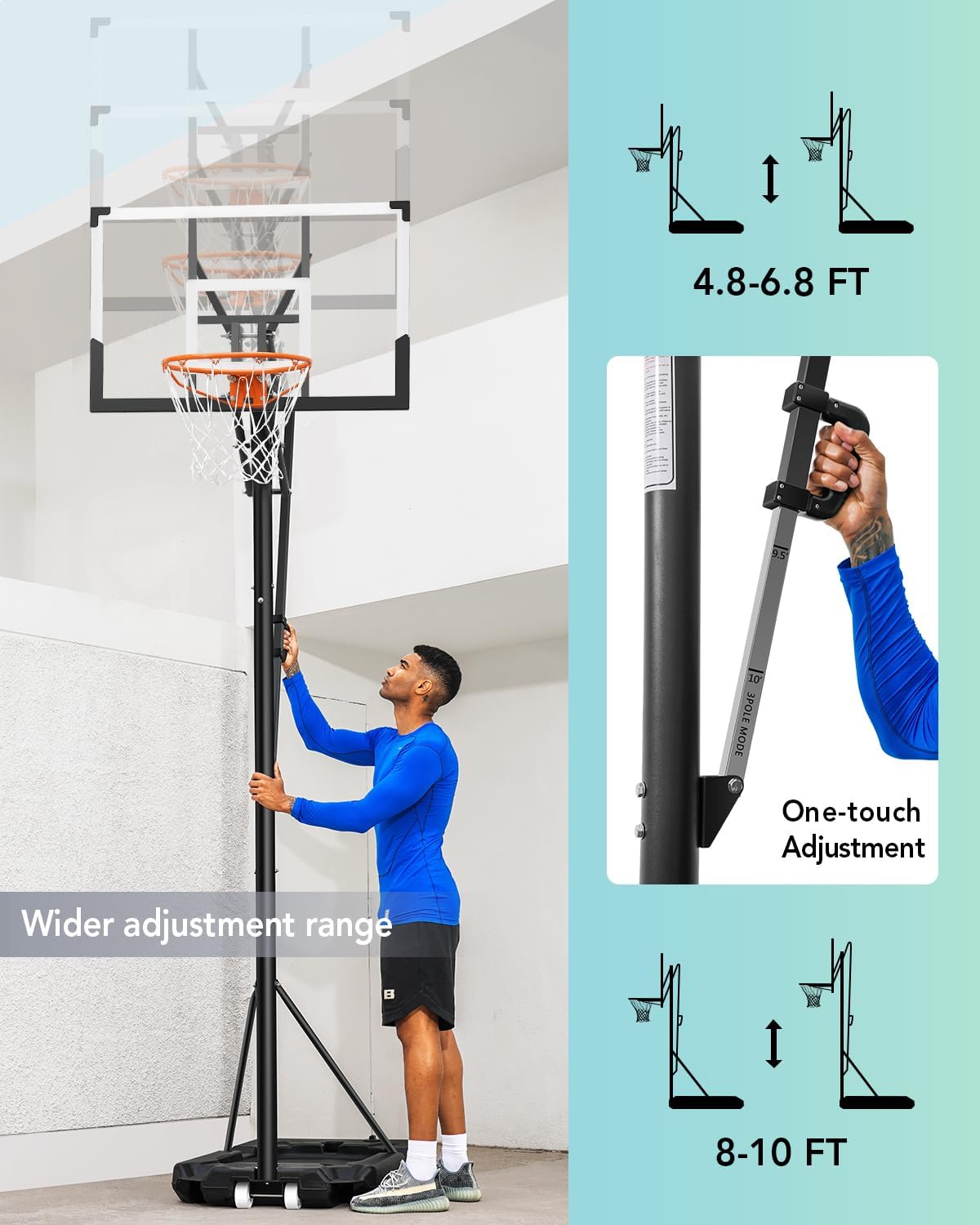 Basketball Hoop with 4.8-10 FT Height Adjustable for KidsAdults, Portable Basketball Hoop Outdoor with 44 Inch Backboard and 2 Wheels for