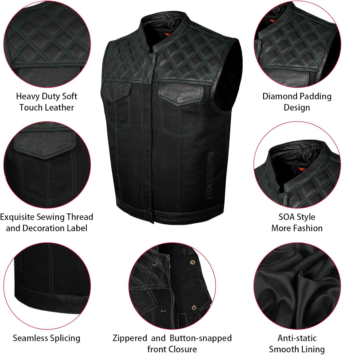 GARGOYLE BELLS Chaleco de moto de mezclilla y cuero para hombre con bolsillos para pistola SOA Biker Club Chaleco con acolchado de diamante para