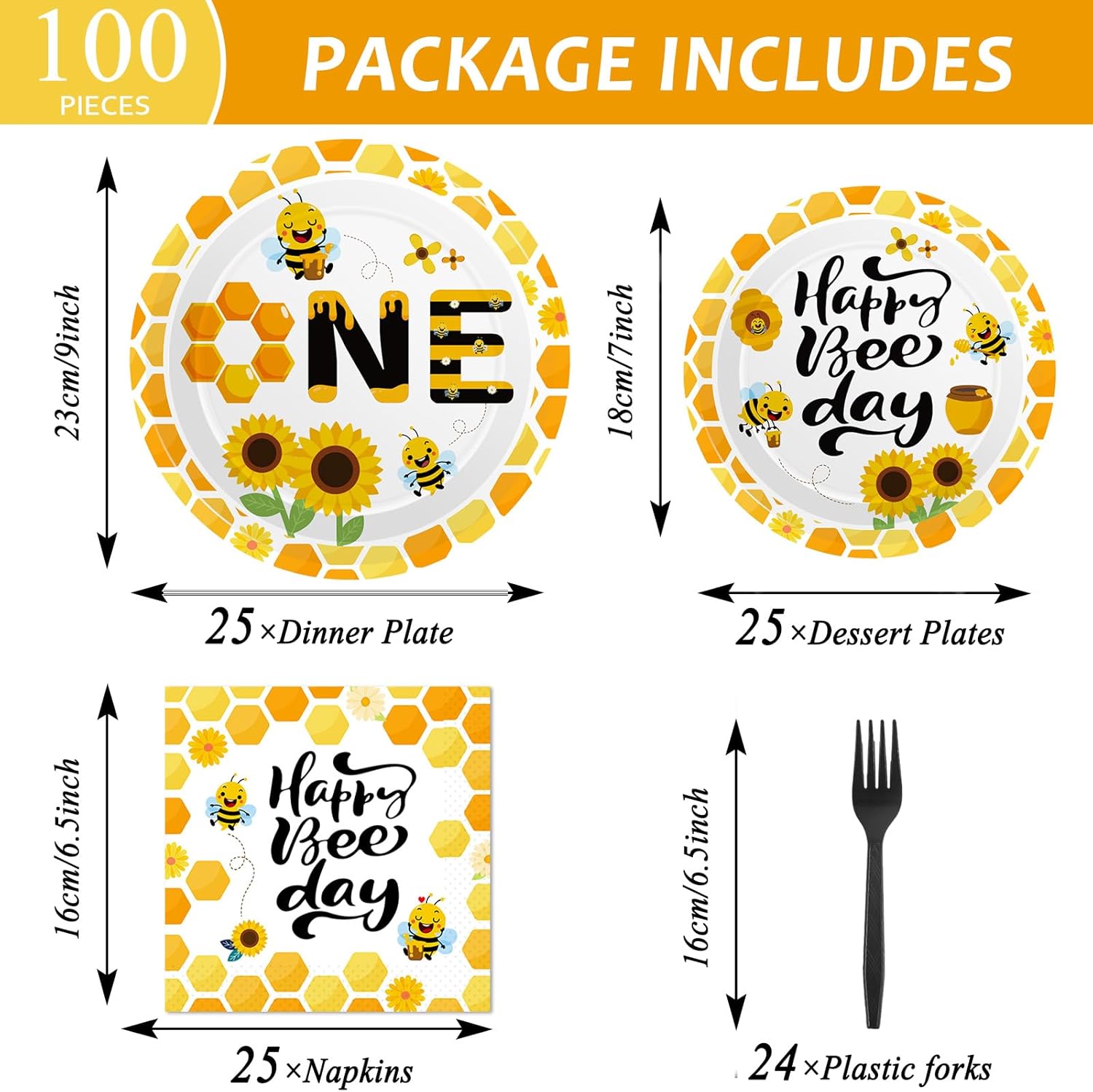100 piezas de suministros de fiesta de primer cumpleaños de abeja, platos de papel y servilletas desechables para decoración de primer cumpleaños de