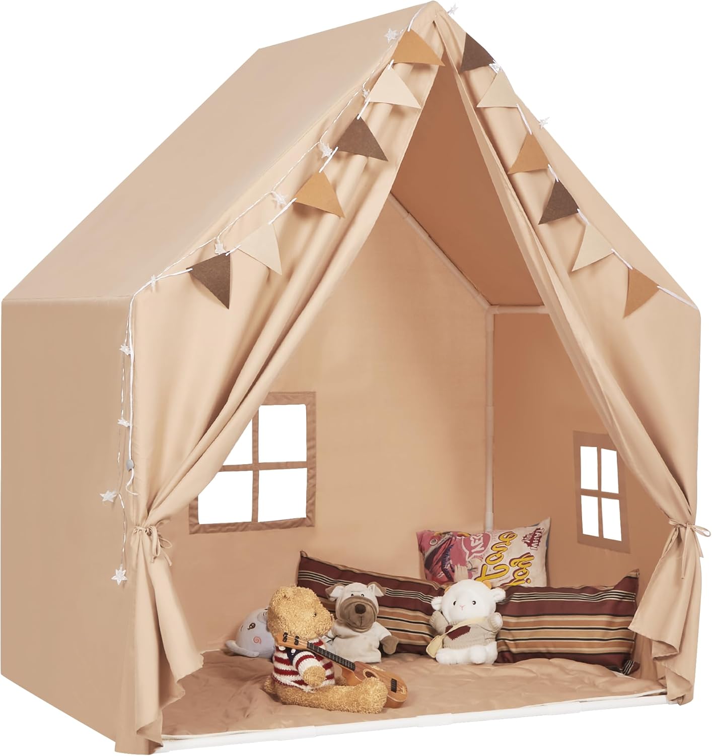 Kids Play Tent with Padded Mat & Star LED Lights for Ages 4-8-10 Year Old Girls Boys, Large Cute Indoor Play Room House Tent for Toddler Children