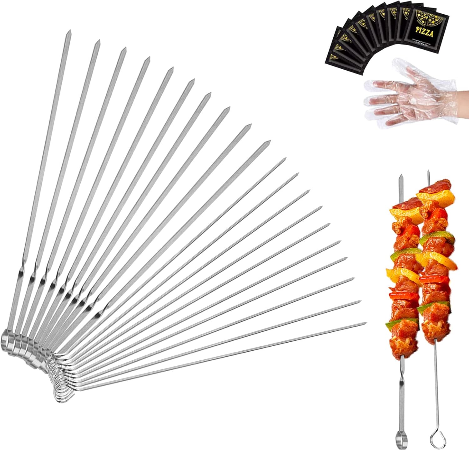 Brochetas Kabob de 20 piezas pinchos planos largos de metal para asar a la parrilla, pinchos de acero inoxidable de 15 pulgadas para barbacoa y