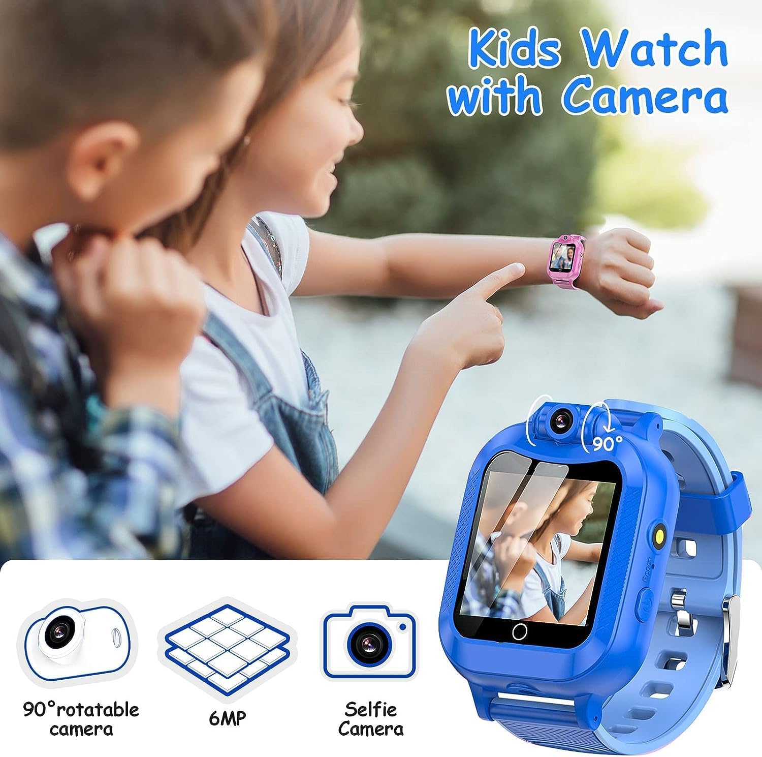 ASIUR Reloj inteligente para niños, regalos de cumpleaños, juguetes para niños de 3 a 8 años, reloj inteligente con tarjeta SD de 8 GB (azul)