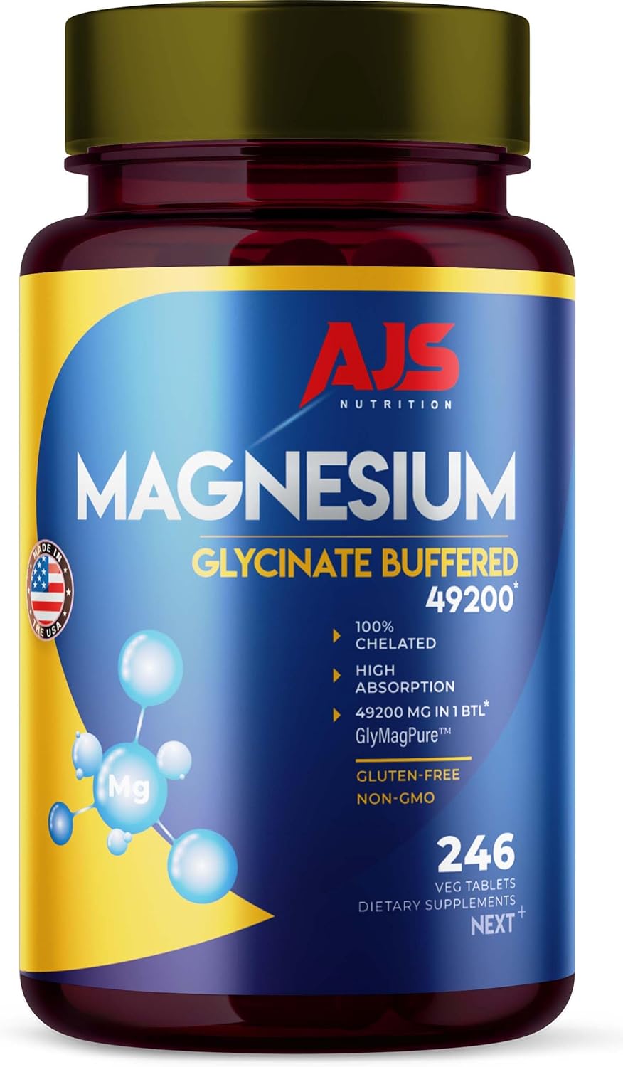 AJS Suplemento de glicinato de magnesio  Tabletas de magnesio  Sin gluten y sin OMG  Suplemento dietético de magnesio con revestimiento orgánico