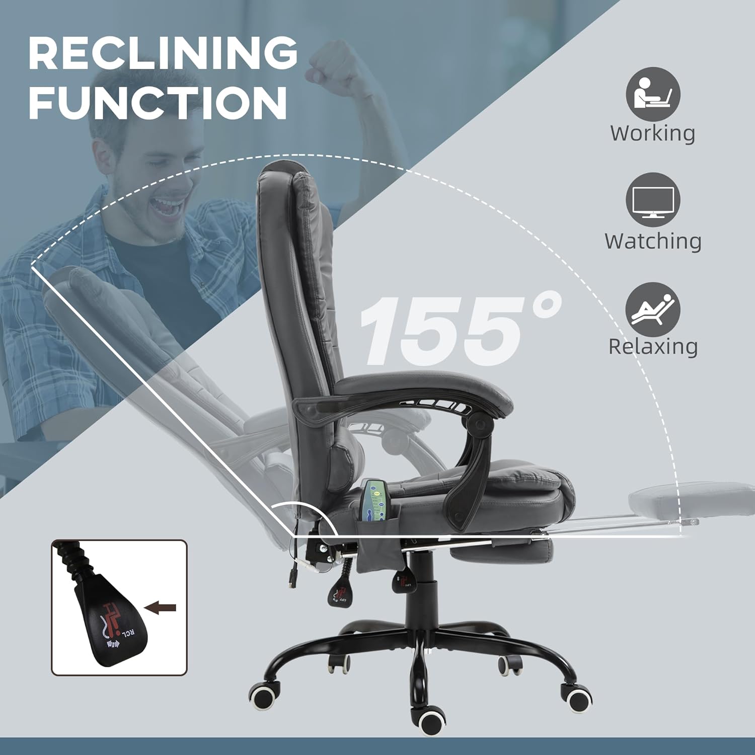 Vinsetto Silla de oficina de masaje vibratorio de 7 puntos, reclinable ejecutivo de respaldo alto con soporte lumbar, reposapiés, respaldo