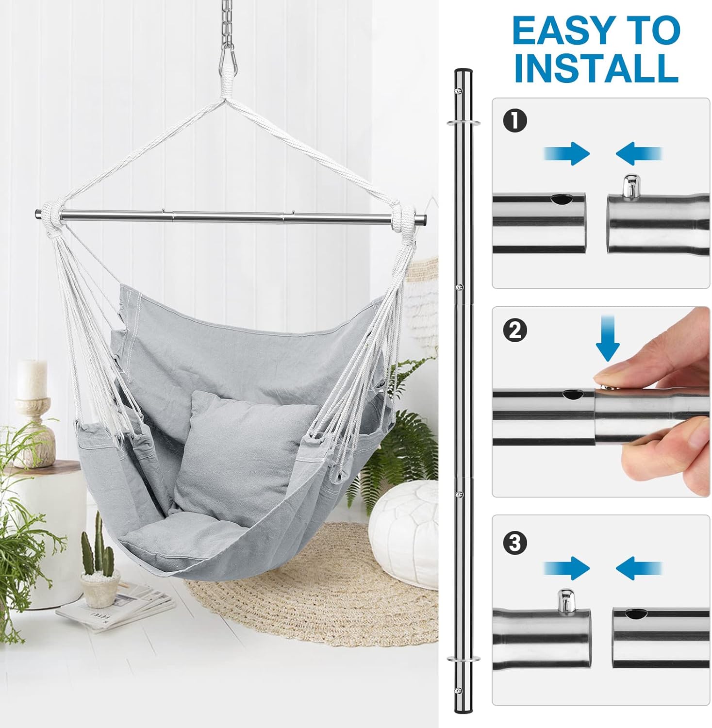Silla hamaca colgante de cuerda, silla colgante portátil desmontable de metal con soporte de metal, hamaca columpio con kit de herramientas, sin