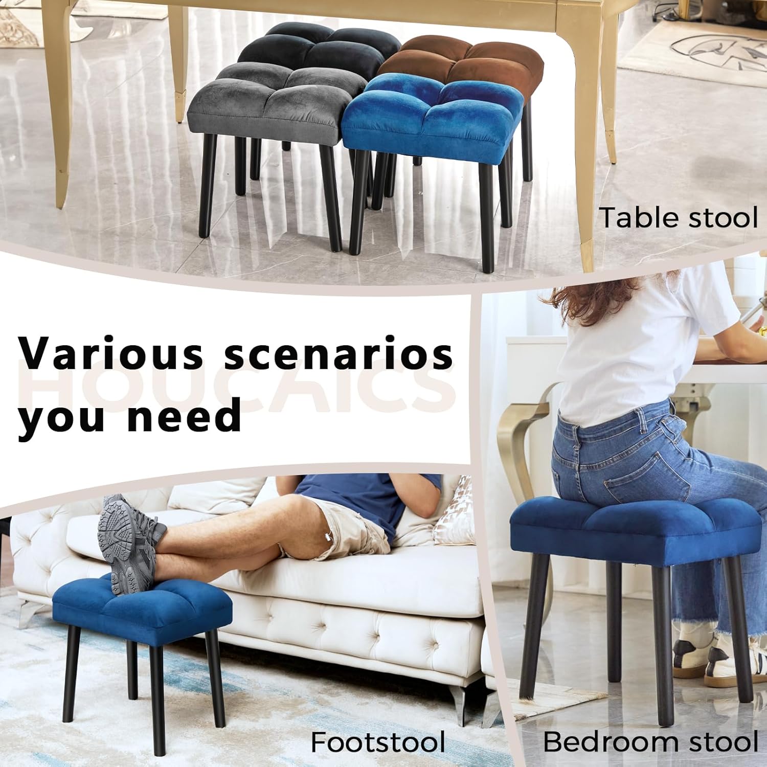 HOUCHICS Taburete otomano suave azul, taburete cuadrado de maquillaje con patas de madera, pequeña silla otomana para tocador, asiento acolchado