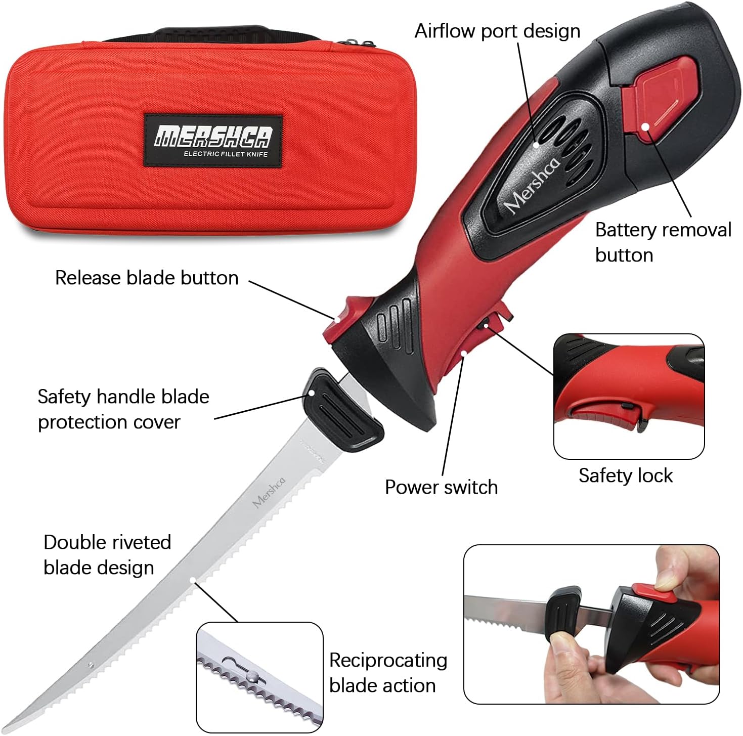 Mershca Cuchillo de filete eléctrico inalámbrico, con cuchillas recíprocas antiadherentes de 8 pulgadas con revestimiento SS totalmente dentado y