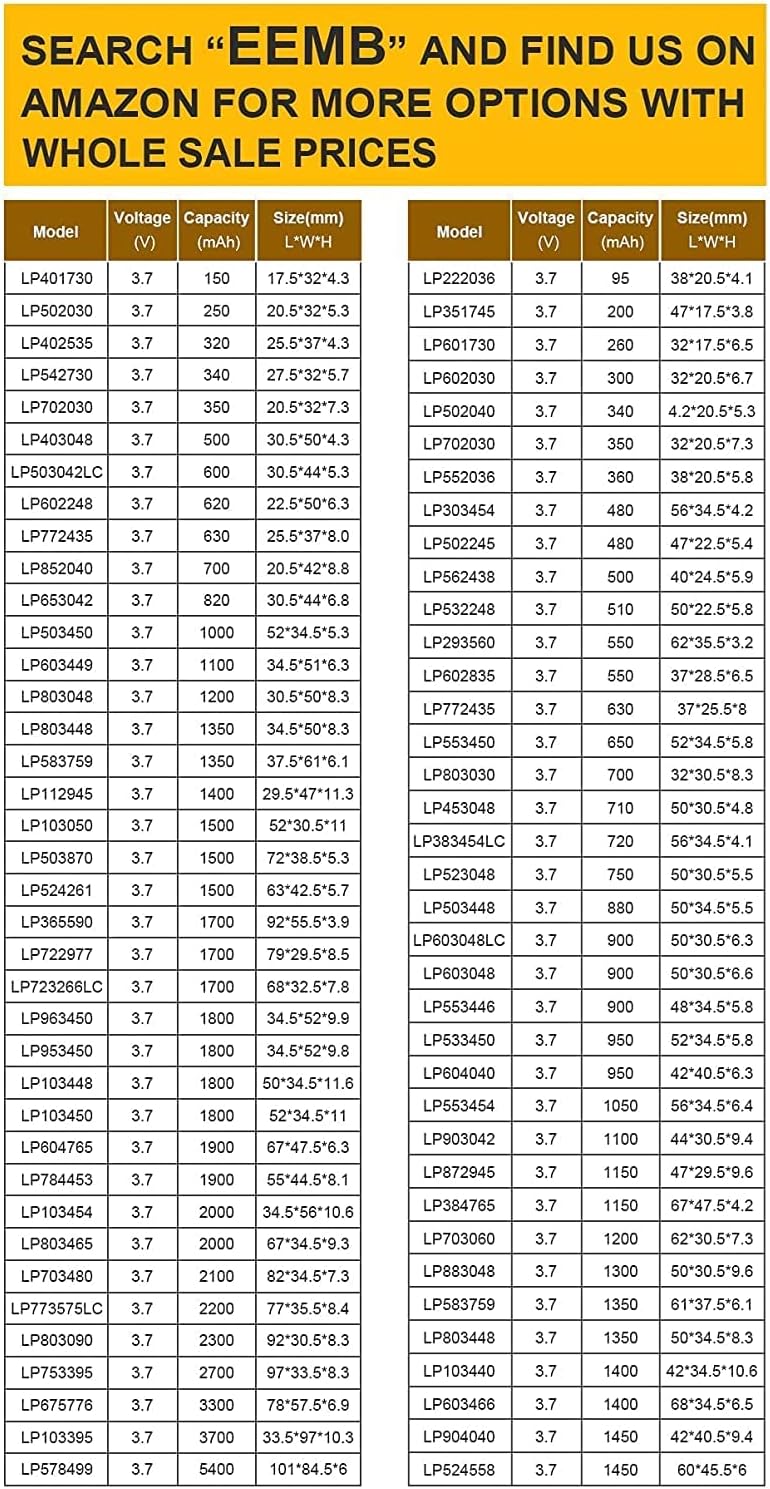 EEMB Batería recargable de iones de polímero de litio de 3.7V 550mAh 323450 Lipo con conector JST Asegúrese de que la polaridad del dispositivo