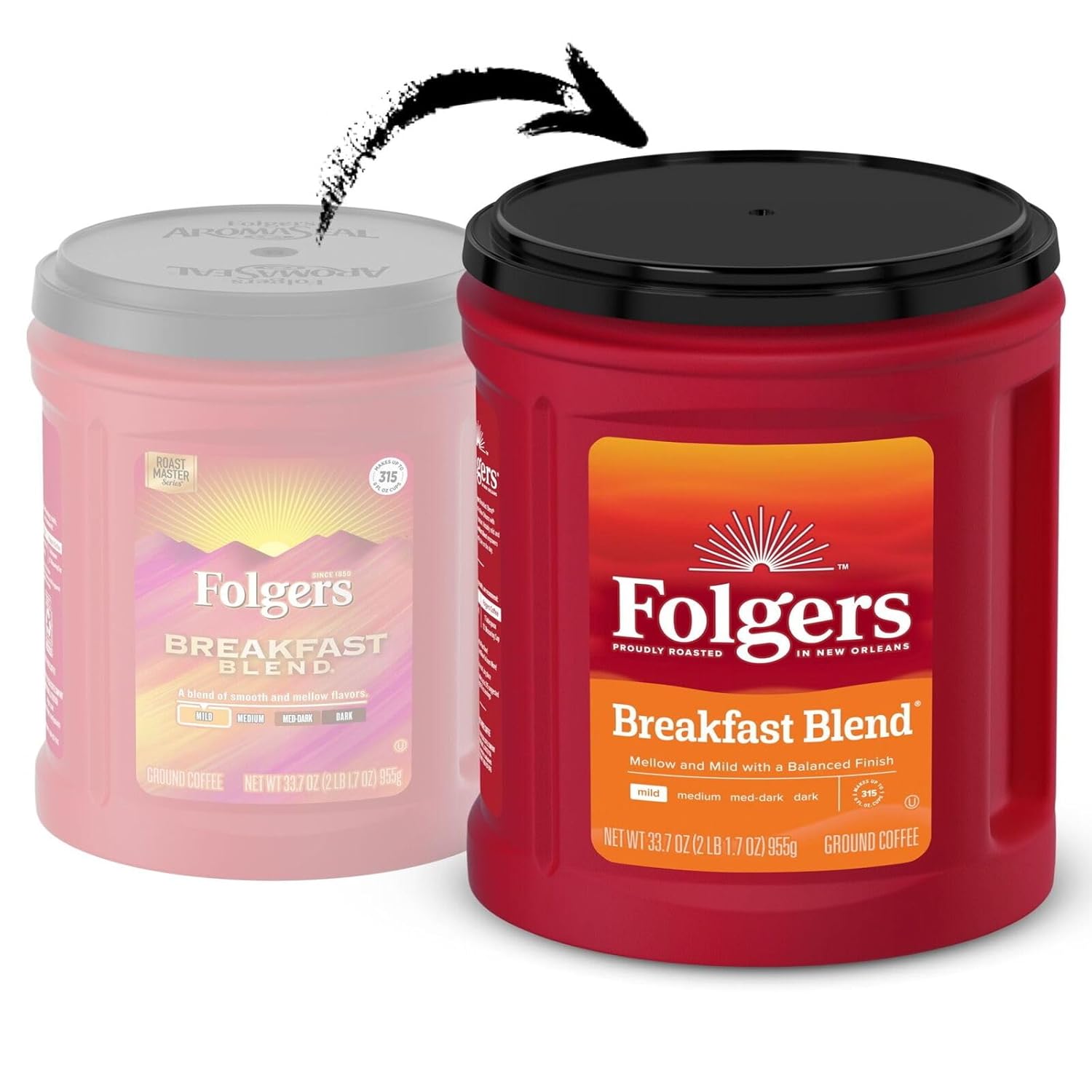 Folgers Breakfast Blend Café molido, café suave y suave, recipiente de 33.7 onzas