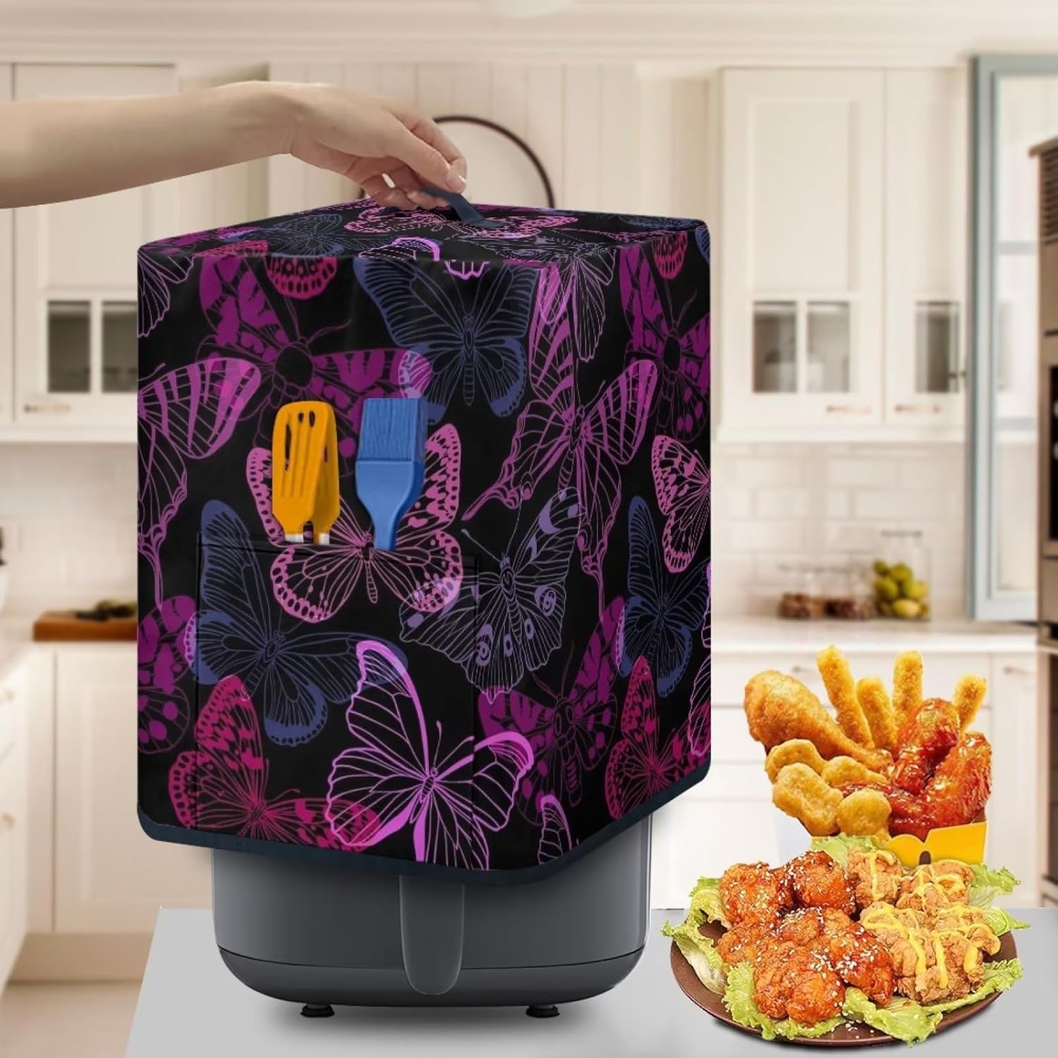 Fundas para freidora de aire extra grandes, diseño de mariposa morada, accesorios cuadrados para freidora de aire de 5 a 6 cuartos de galón,