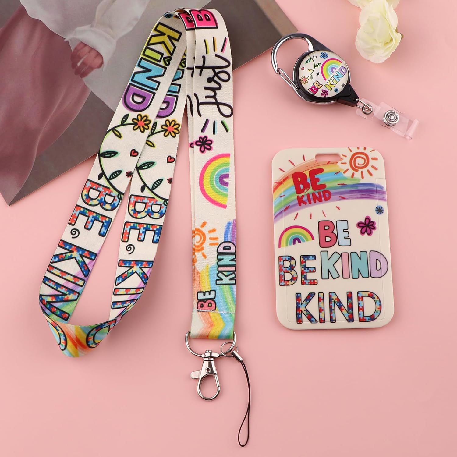 BKBKAAK Bonito cordón con soporte para tarjetas y clip retráctil para niños, para autismo, arcoíris, tarjetero de identificación para llaves, niñas,