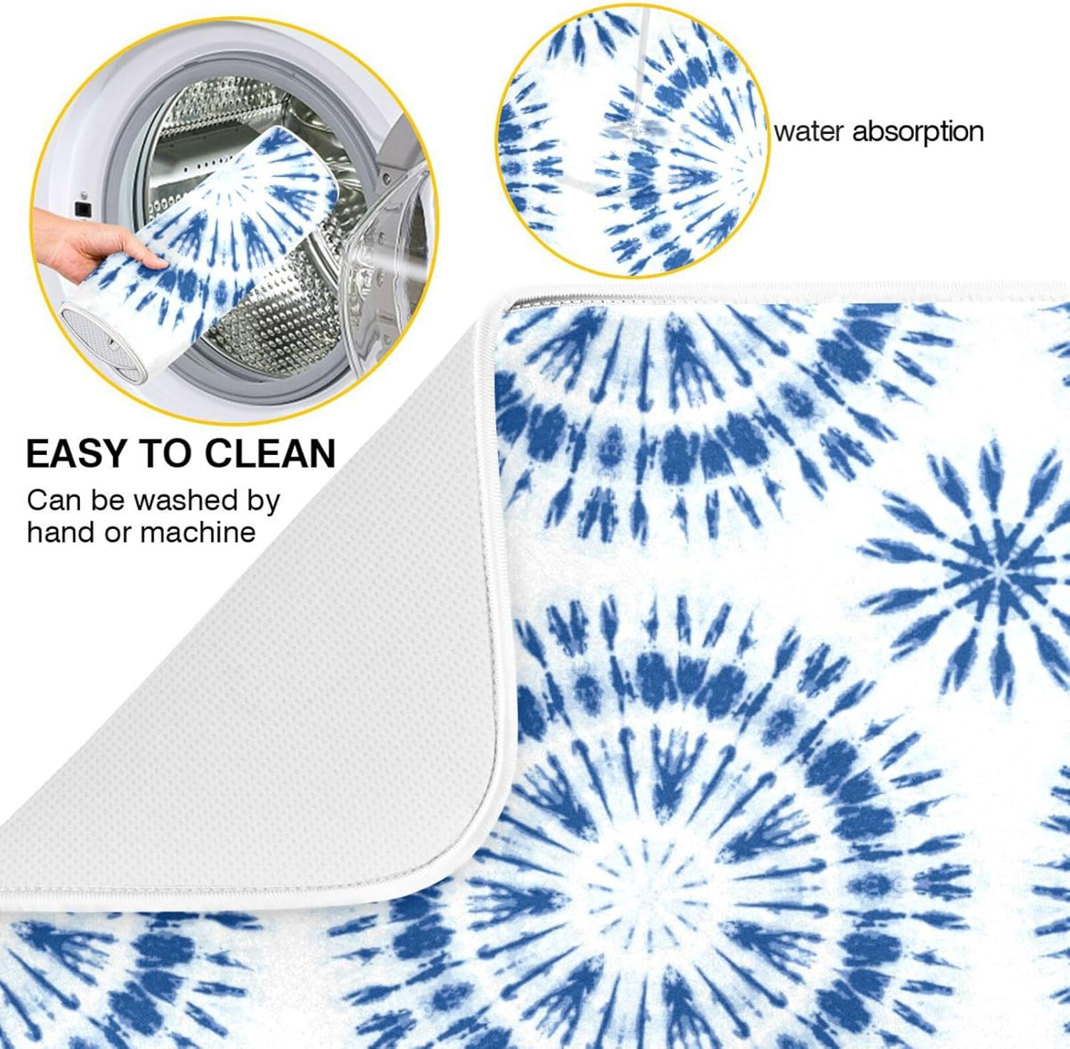 Indigo Tiedye Sunburst Dish Mat Washnable Absorbent Kitchen Counter Gadgets Dish Drainer Mats Tapete Para Cocina 16” x 18”