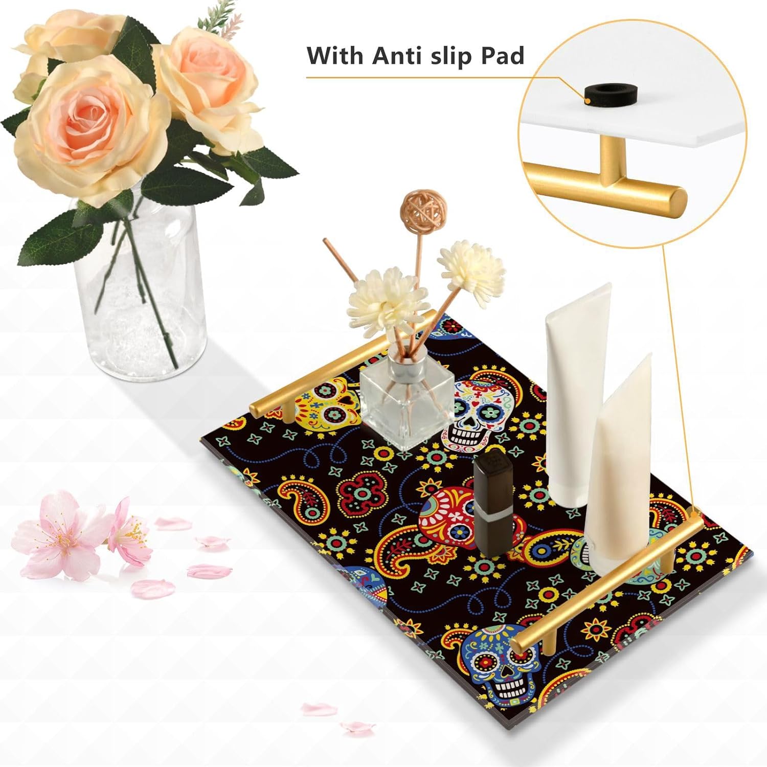 Colorful Skull Vanity Tray Rectangle Acrylic Bathroom Tray Serving Trays for Centerpieces Modern Home Decor for Kitchen Bathroom Bedroom Living Room