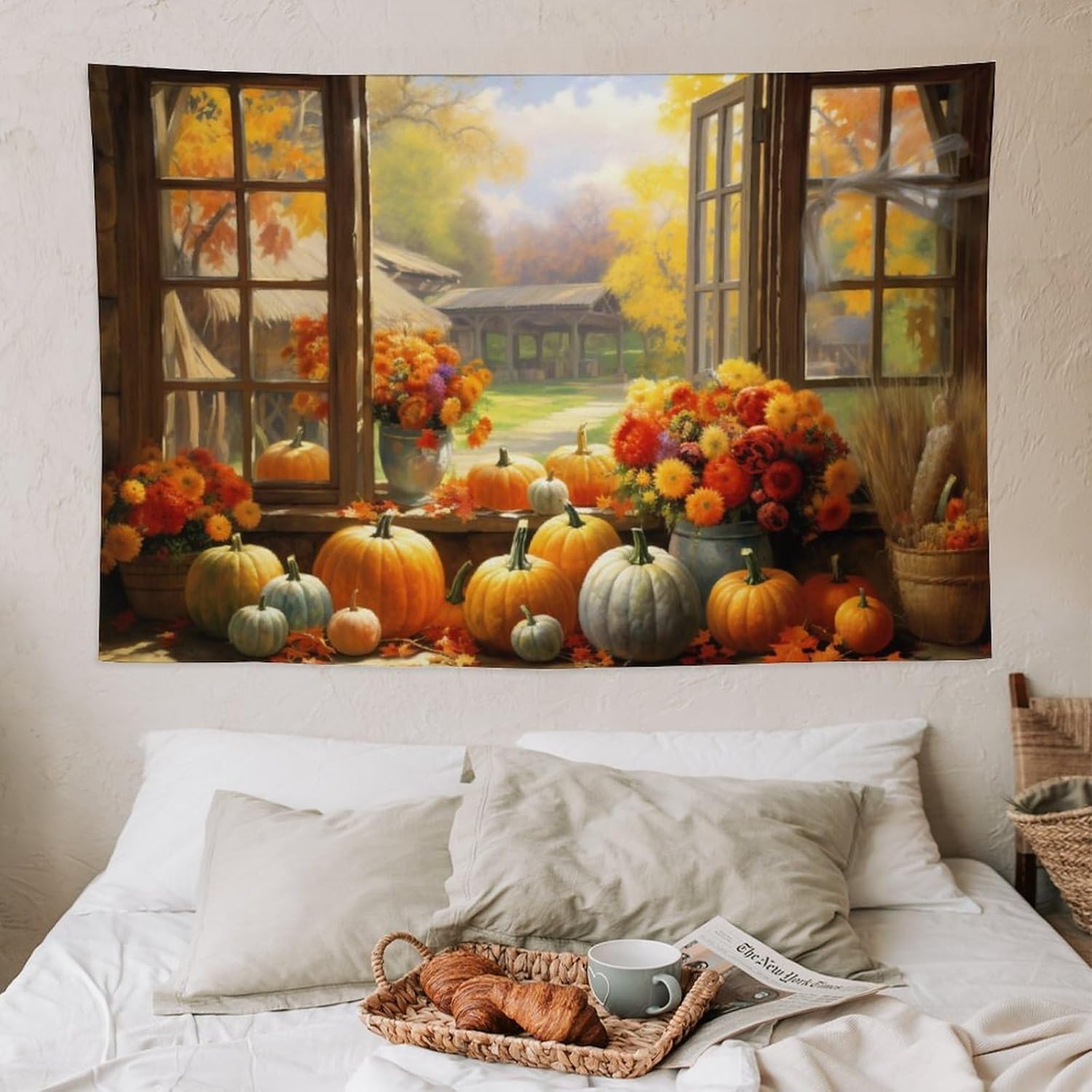 Notedi Tapiz para colgar en la pared, arte de pared para dormitorio, sala de estar, dormitorio, picnic, Acción de Gracias, calabazas, girasol, hojas
