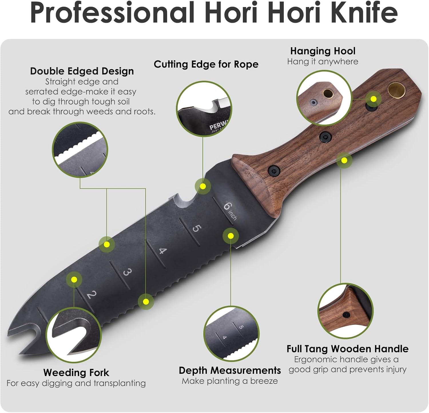 PERWIN Hori Hori – Cuchillo de jardín, herramientas de jardín con funda para desmalezar, plantar, excavar, hoja de acero inoxidable de 7 pulgadas