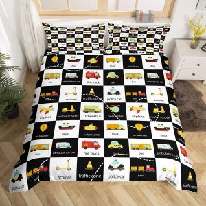 Juego de ropa de cama con diseño de retazos para niños, para niños, autobús escolar, helicóptero, avión, policía, automóvil, moto, ambulancia, Juego de ropa de cama con diseño de retazos para niños, para niños, autobús escolar, helicóptero, avión, policía, automóvil, moto, ambulancia,