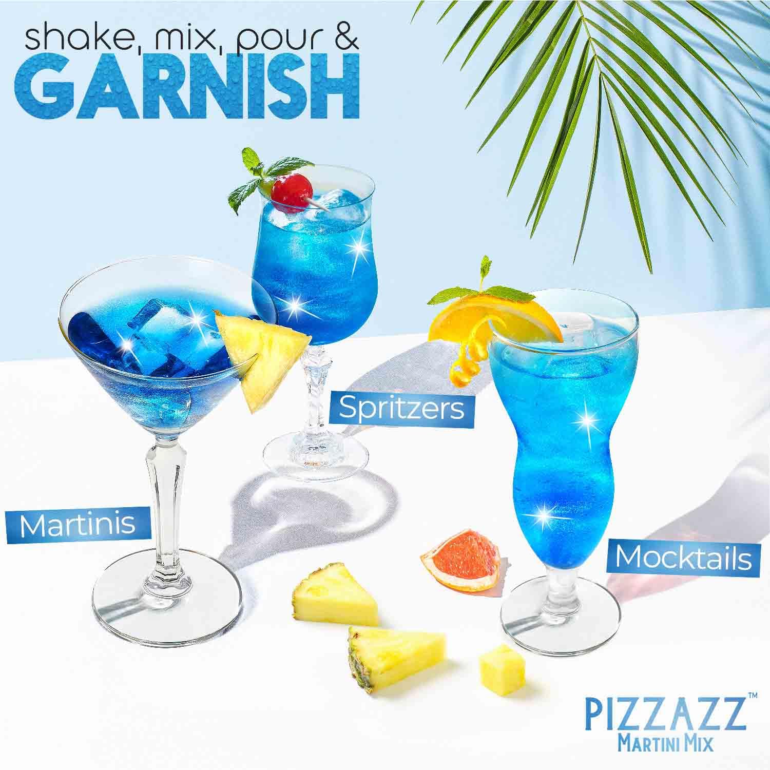 Pizzazz Blue Envy – Mezcla de Martini con purpurina comestible para bebidas (12 onzas), mezcladores de bebidas prémium para cócteles, mezclador de
