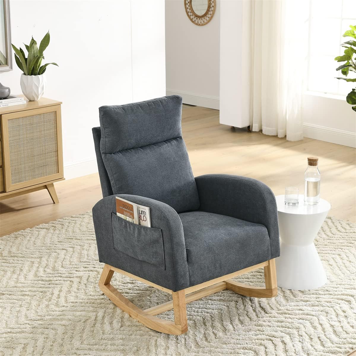 Mecedora de tela, silla de guardería, moderna silla mecedora tapizada con respaldo alto, cómoda mecedora con asiento acolchado y base de madera,