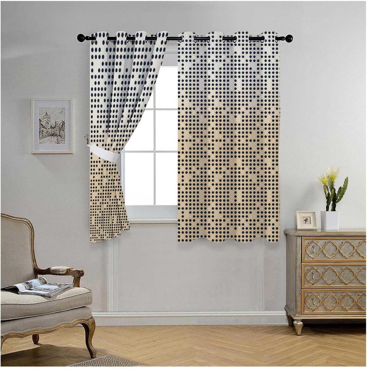 YANFENQI Cortinas para Habitacion Cream Coloured Geometric Checked Door Curtain for Doorway Blackout Sheet 55Inch Width by 45Inch Length,2 Panels