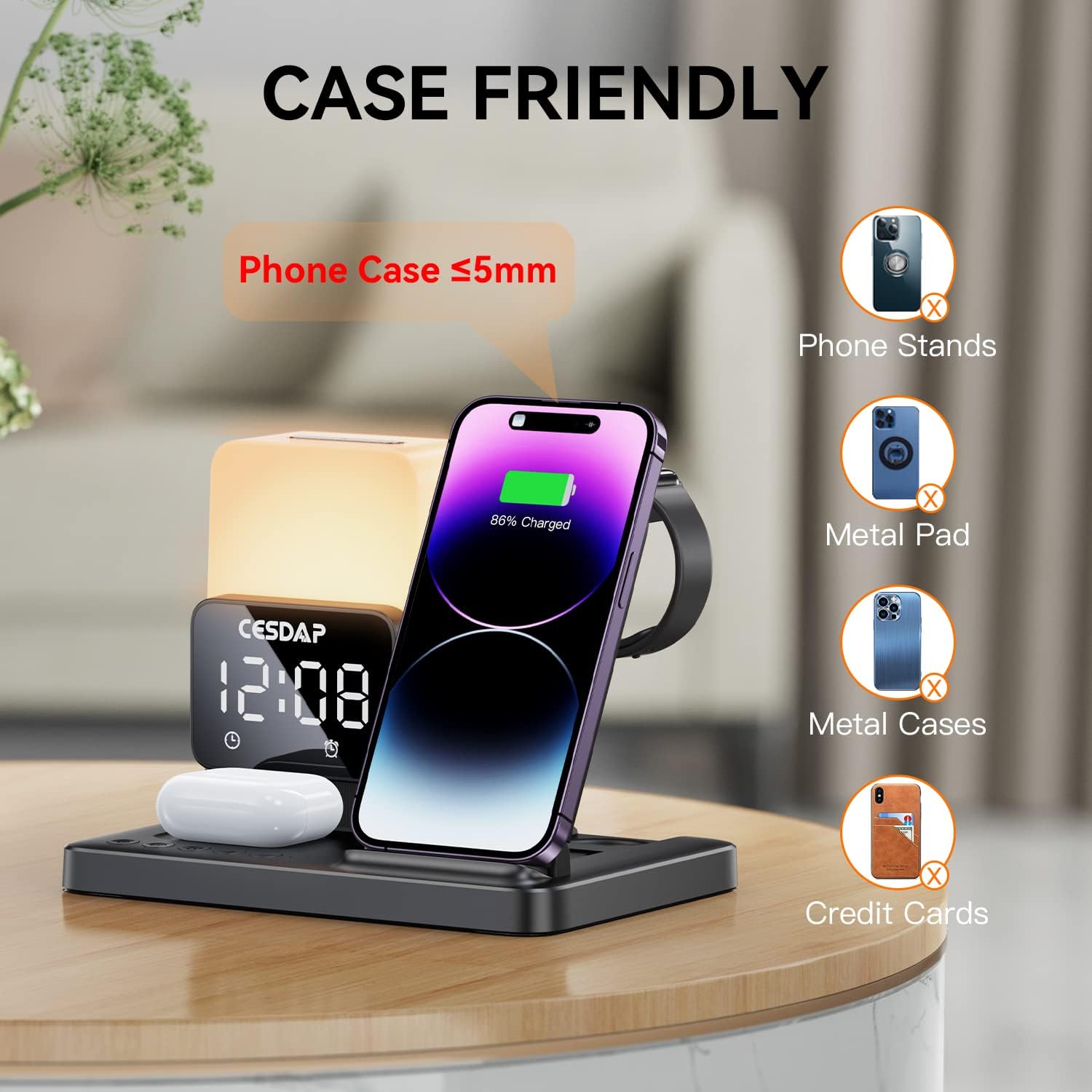 C3 Pro – Estación de carga plegable 6 en 1 para múltiples dispositivos con luz de reloj despertador, cargador de 18 W para iPhone 1514131211 para