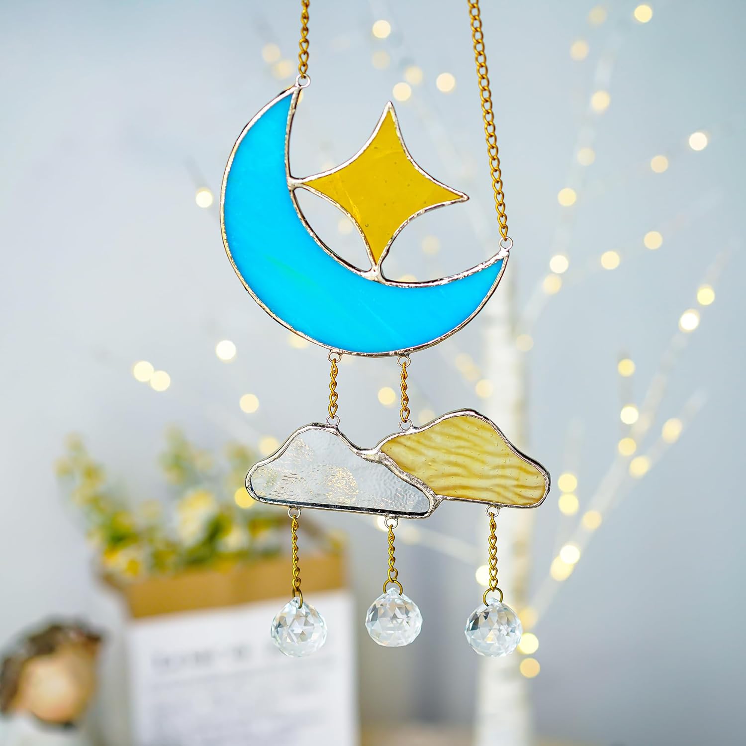 Colgantes de vitrales hechos a mano para luna creciente con nubes de estrellas, decoraciones de prismas de cristal de arco iris, atrapasoles arte de