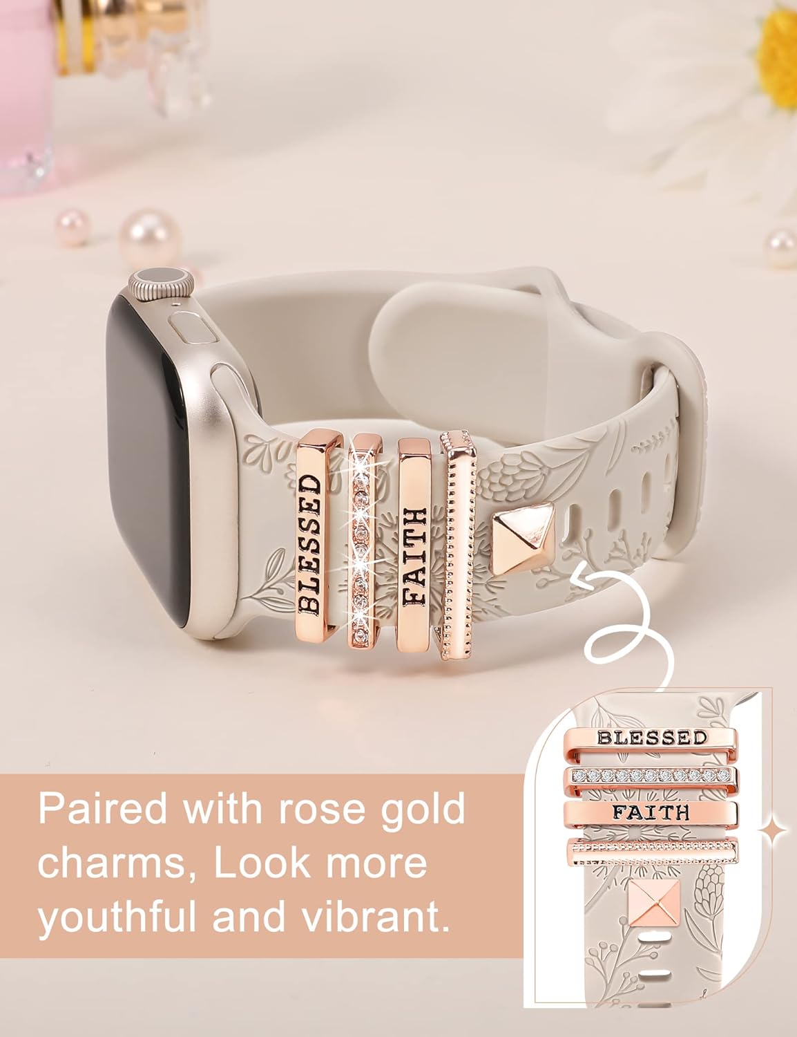 Minyee Compatible con Apple Watch Band con dijes para mujeres de 1.614 in, 1.575 in, 1.496 in, 1.654 in, 1.732 in, 1.772 in, 1.929 in, correa de