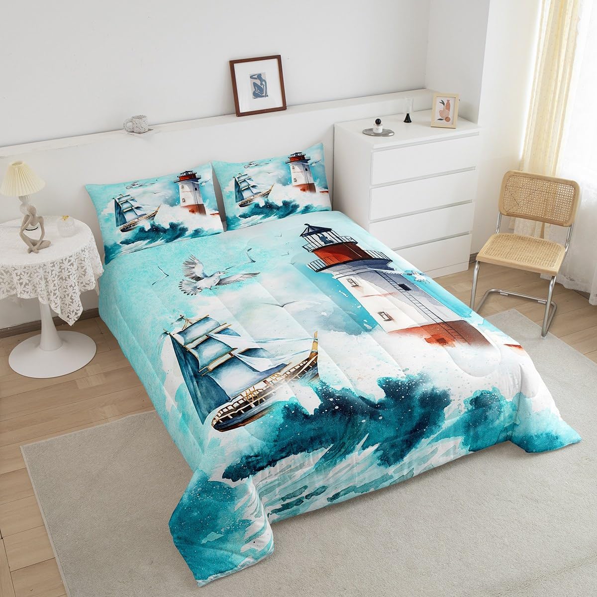 Castle Fairy Juego de edredón náutico tamaño individual, juego de ropa de cama de 2 piezas para niños, adolescentes, niños, niñas, decoración de