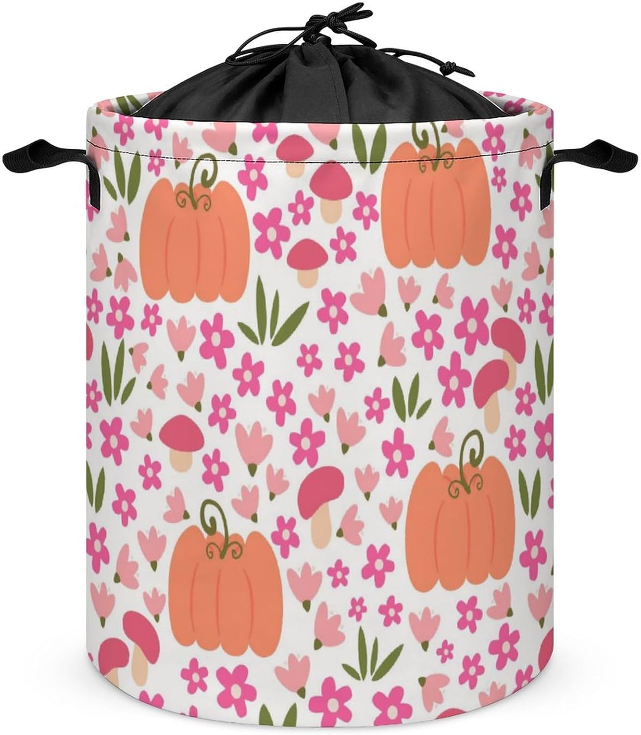 Cute Pink Pumpkin Flowers Laundry Basket with Drawstring Colorful Waterproof Collapsible Dirty Clothes Hamper Storage Baskets for Bathroom Dorm Toy