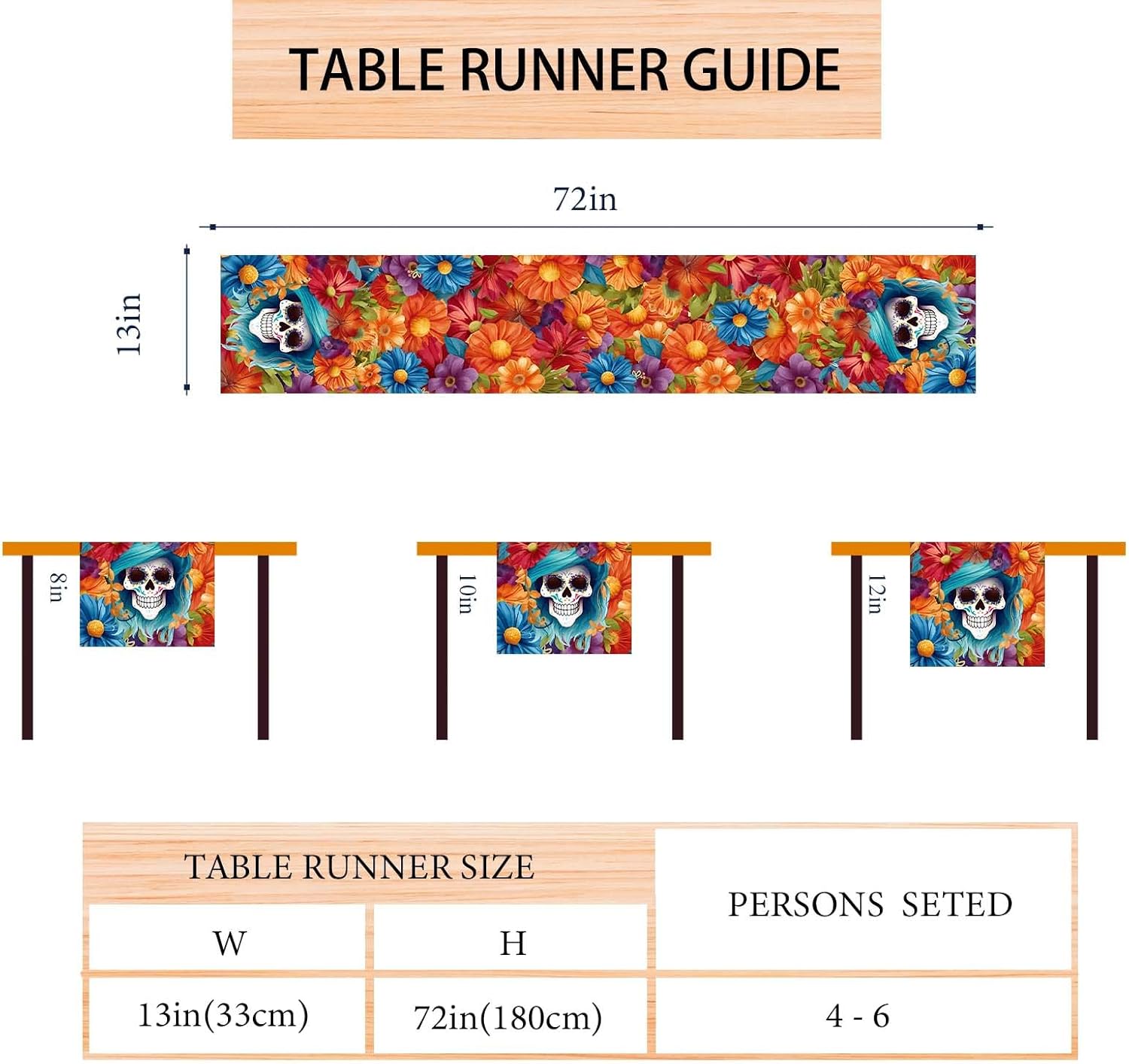 Camino de mesa de lino con diseño de calavera mexicana de 72 pulgadas de largo, diámetro de los muertos, decoración del día de los muertos para el