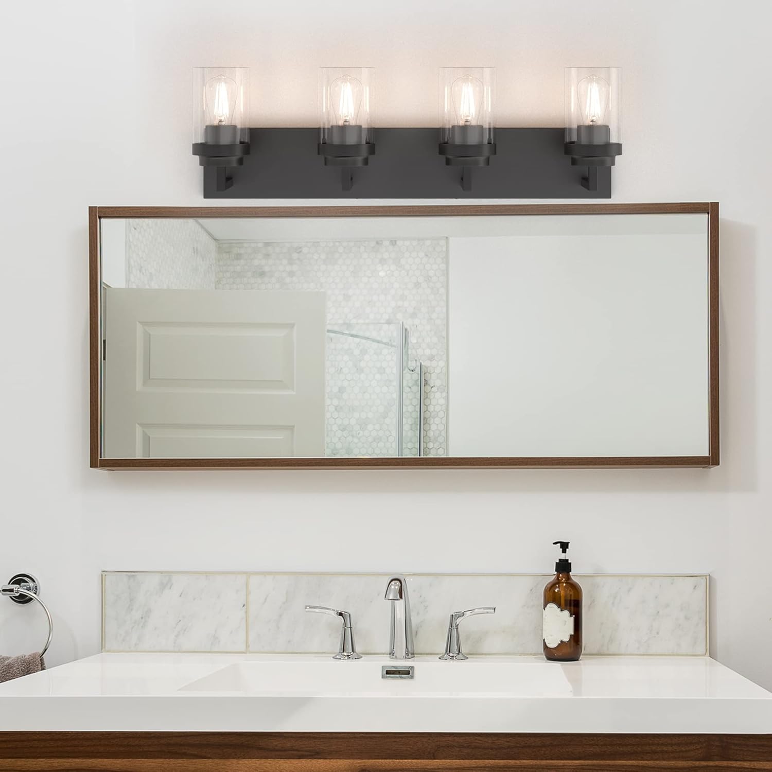 Espird Lámpara de tocador de baño, 4 luces, color negro mate, con pantalla de vidrio transparente, luz de tocador de granja de 30 pulgadas,