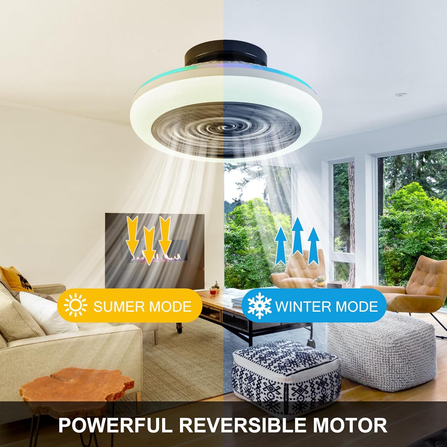 Ventilador de techo de perfil bajo de 17.7 pulgadas con luz, ventiladores de techo LED RGB regulables, moderna luz ambiental LED-RGB sin aspas para