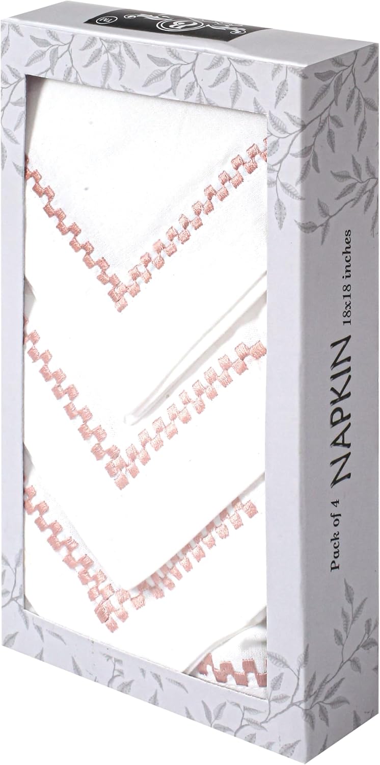 Chic Elegance Collection Juego de 4 servilletas de algodón bordadas de 18.0 x 18.0 in, color blanco y rosa polvoriento, manteles de alta calidad