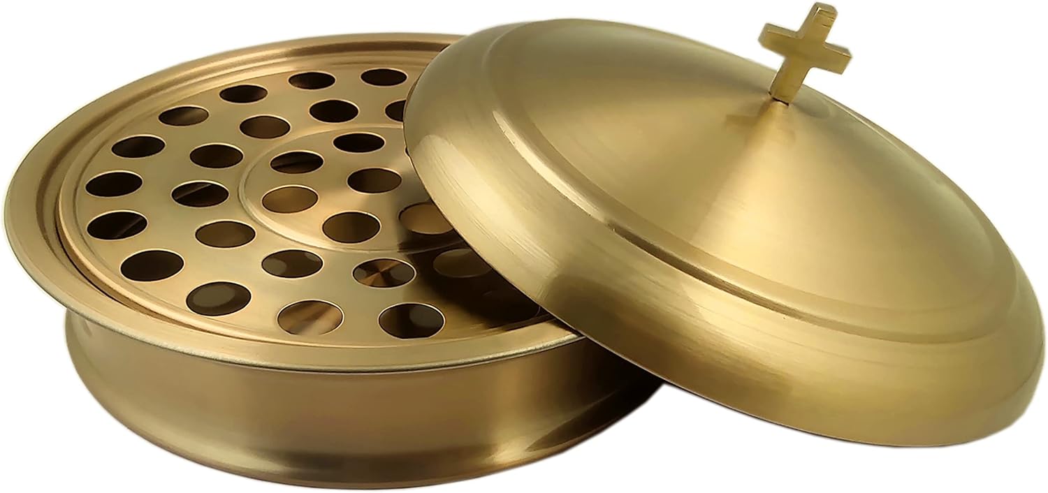 Communion Ware – 2 bandejas para servir vino santo con tapa y 2 platos apilables para pan con tapa + 80 tazas, acero inoxidable (latóndorado)