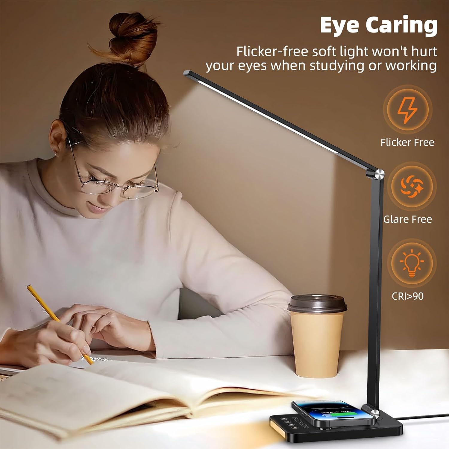 GTIMLMC Desk Lamp with Wireless Charger, LED Table Lamps for Home Office, USB Charging Port, Blue and Warm Bedside Night Light, Touch Dimmable,