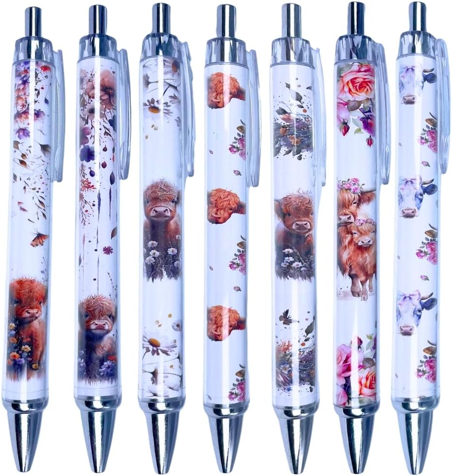 YJ PREMIUMS 7 bolígrafos de vaca  Lindos bolígrafos con estampado de vaca de las tierras altas, flores florales, kawaii, estéticas, vacas blancas y