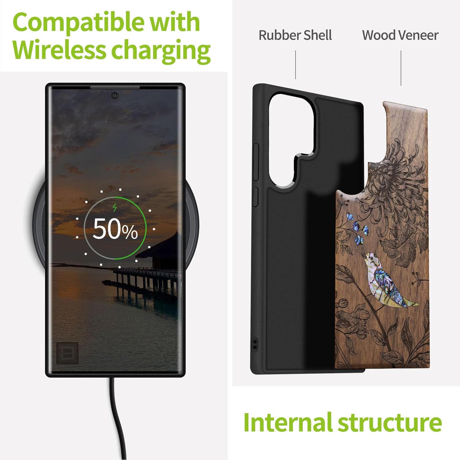 Carveit Funda de madera de diseñador para Samsung Galaxy S22 Ultra (grabado de madera e incrustaciones de carcasa) compatible con cargadores
