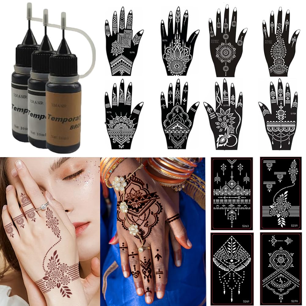 Xmasir Kit de plantillas temporales de tatuaje de 12 hojas, 3 tintas de tatuaje semipermanentes de 0.3 fl oz, kit completo de tatuajes temporales,