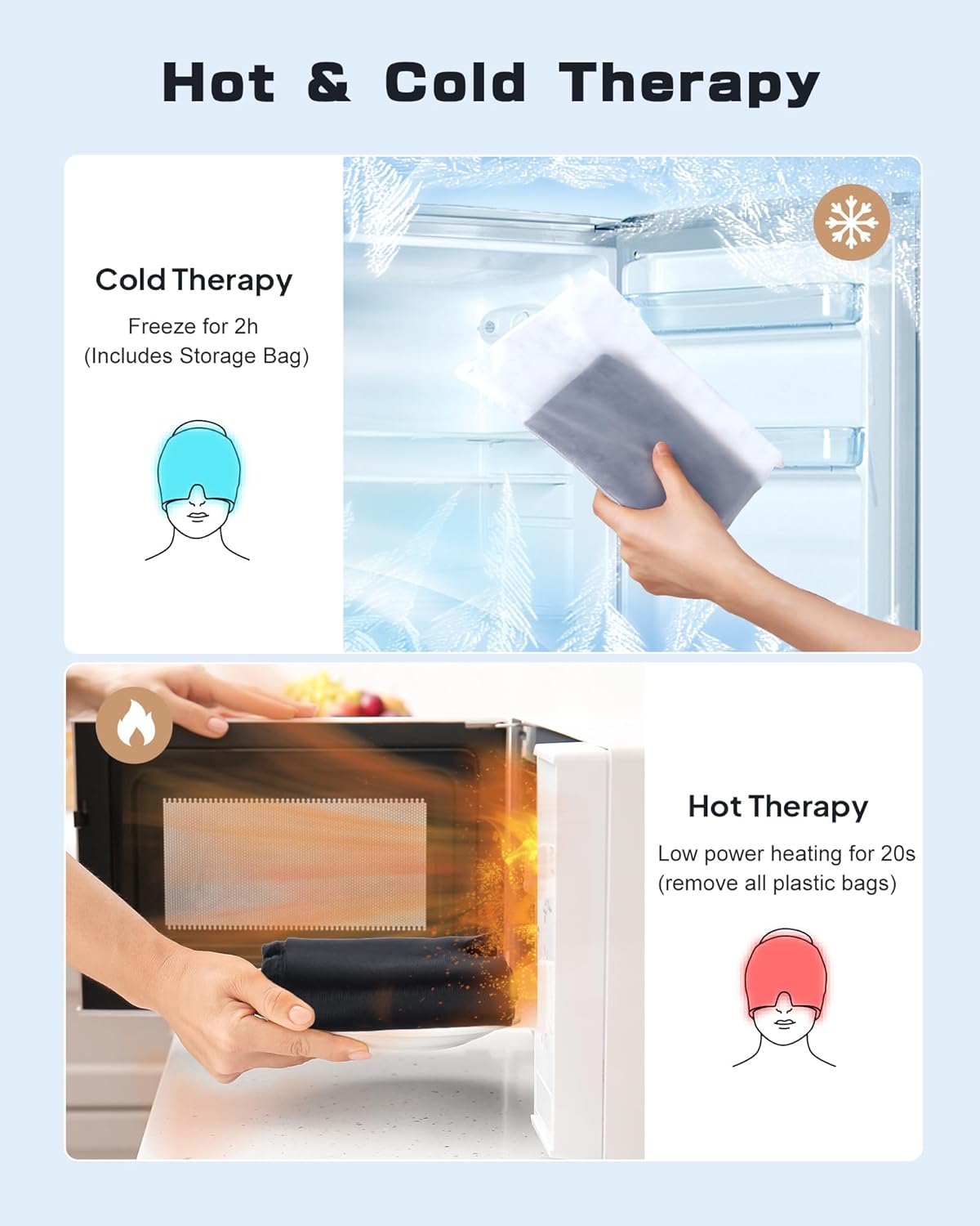 Gorra para aliviar el dolor de cabeza y migraña, para alivio de migrañas, para terapia de compresa fría y caliente, máscara de hielo frío para la