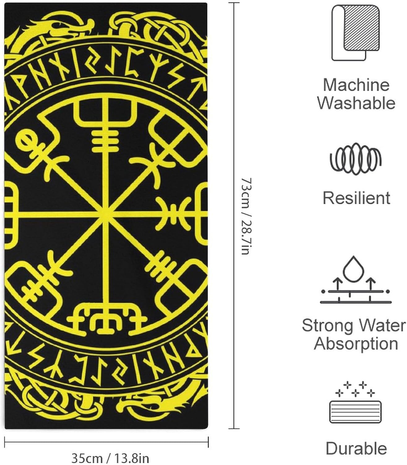 Toalla de lavado ligera, sin olor, toalla altamente absorbente, toalla de camping de secado rápido compatible con brújula rúnica negra Vegvisir en