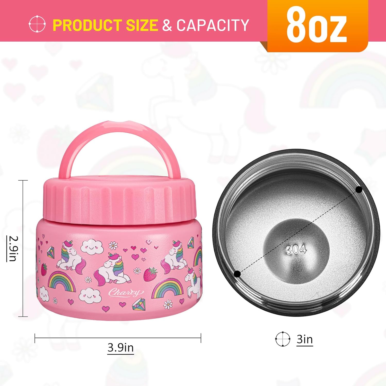 Charcy Termo de 8 onzas para niños de comida caliente, termo de sopa de boca ancha a prueba de fugas, tarro de alimentos aislado para 4 horas