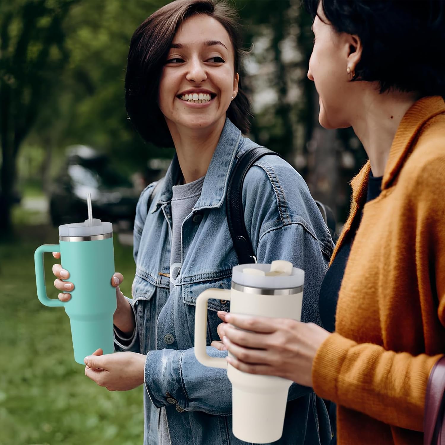 Boderi Vaso, vaso de 40 onzas con asa y pajita, vaso de acero inoxidable con tapa y tapa para pajilla, taza de viaje aislada al vacío de doble