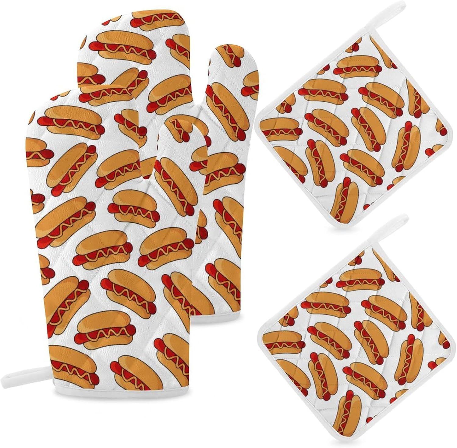 Juego de 4 manoplas de horno y soportes para ollas para perros calientes, resistentes al calor, guantes antideslizantes, decoración de cocina para
