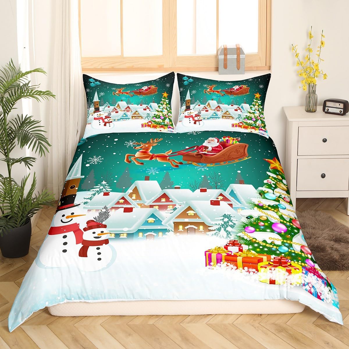 Manfei Juego de funda de edredón de Navidad, tamaño individual, juego de ropa de cama de árbol de Navidad, muñeco de nieve, 2 piezas para decoración