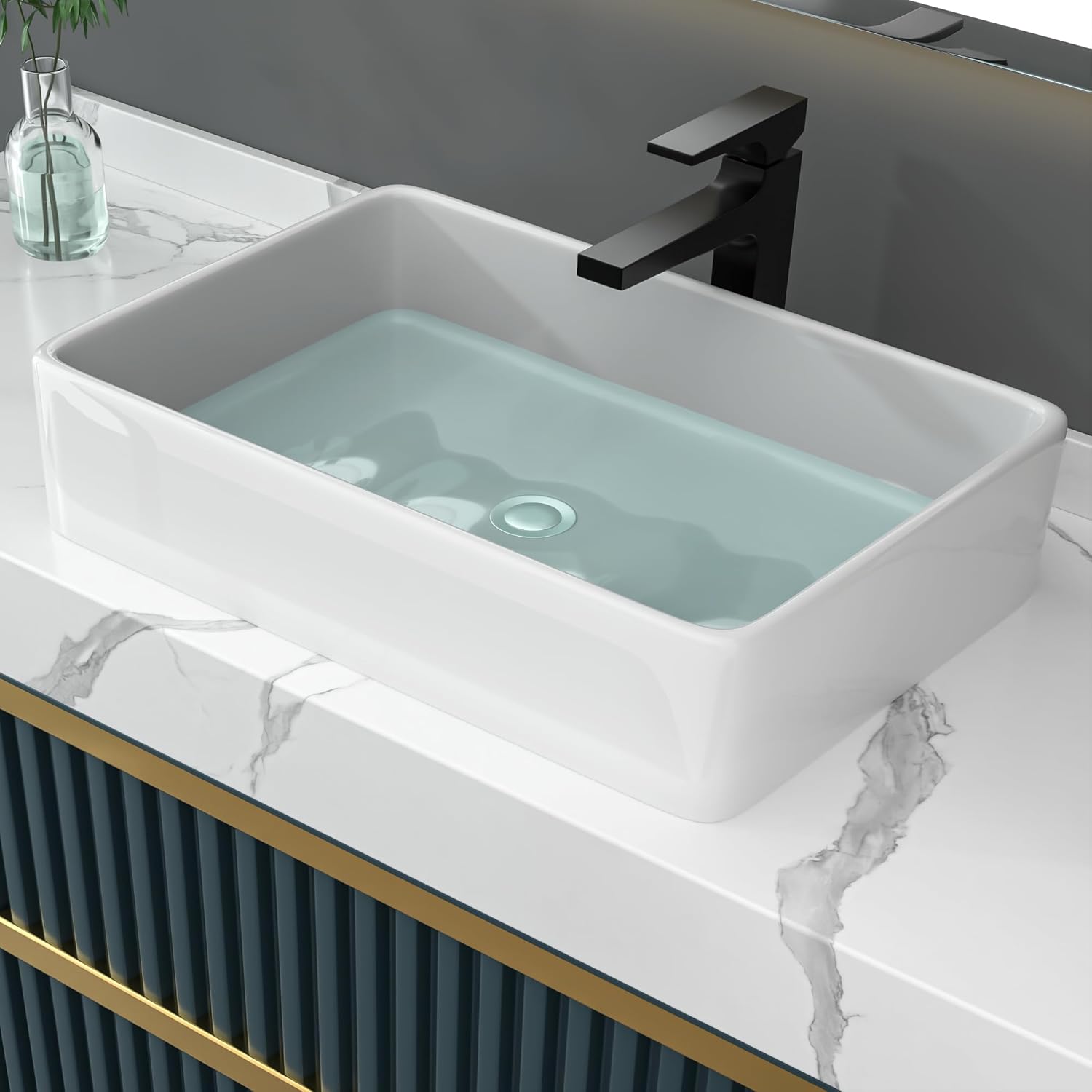 Fregadero rectangular de 24 x 14 pulgadas, lavabo rectangular de porcelana de cerámica blanca sobre mostrador