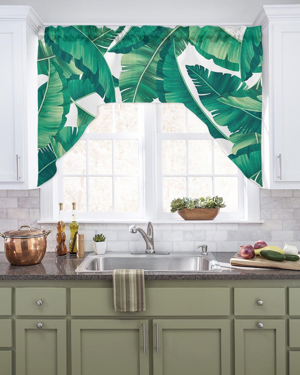 Cortinas cortas con cenefa para cocina, cortina corta con bolsillo para barra, con estampado de hojas tropicales, con aislamiento térmico y