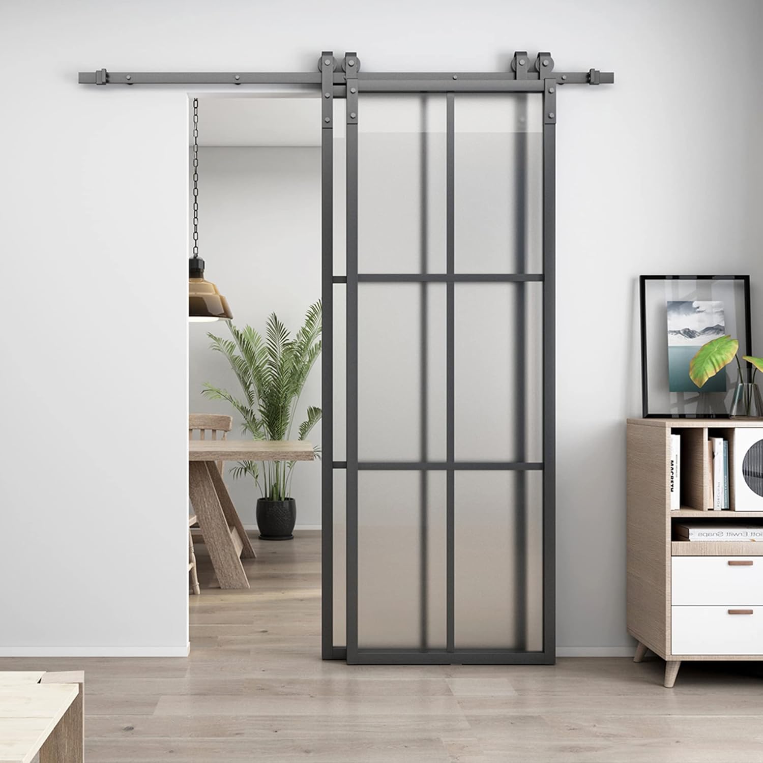 BARNSMITH Bypass – Puerta de granero de vidrio doble de 60 x 84 pulgadas con kit de herramientas de montaje lateral de 6.6 pies, 2 juegos de puertas