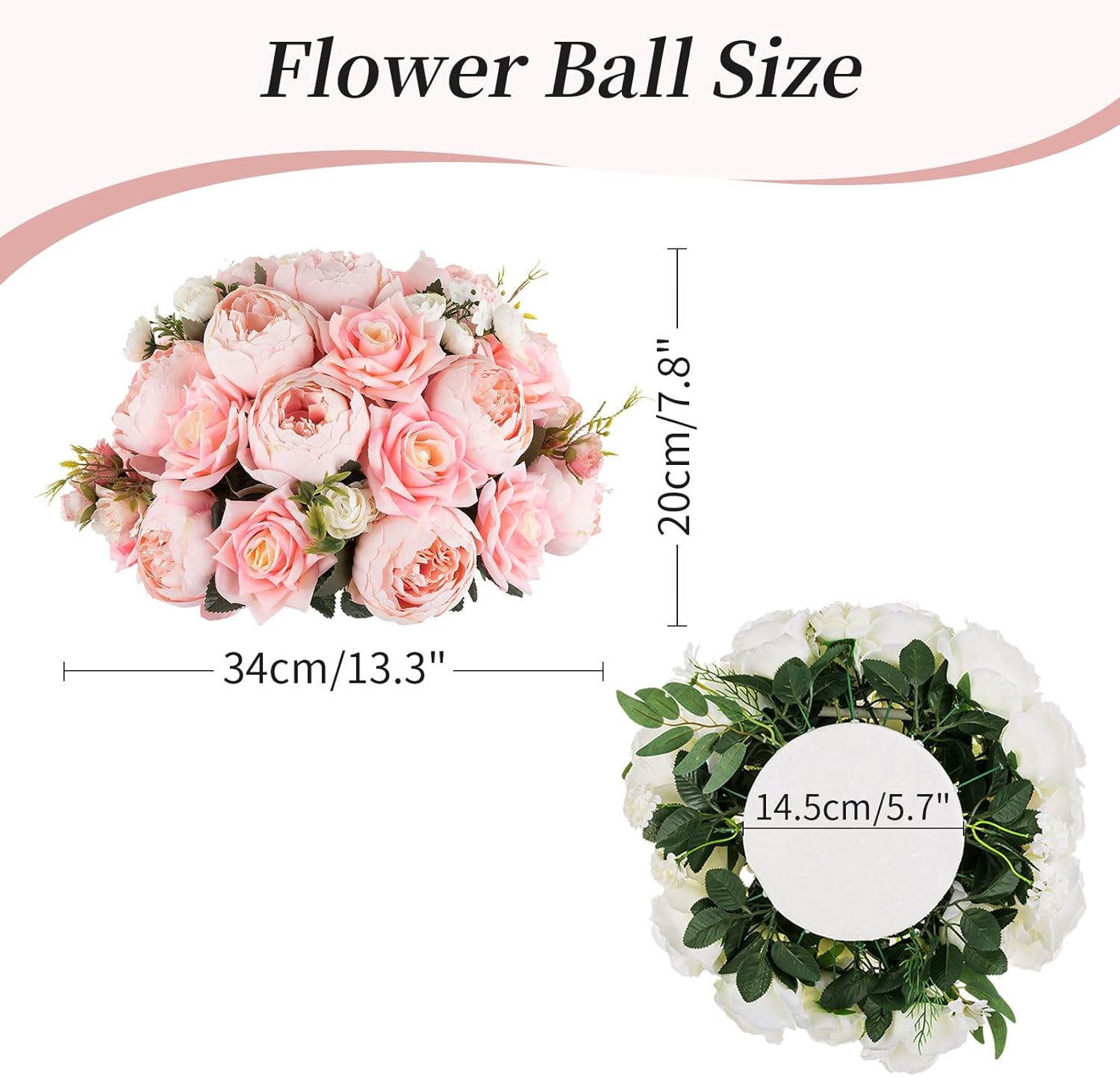 BLOSMON Bolas de flores artificiales, centros de mesa de boda, 6 piezas de 13.3 pulgadas, peonías falsas rosas, decoración para mesa, bola de beso,
