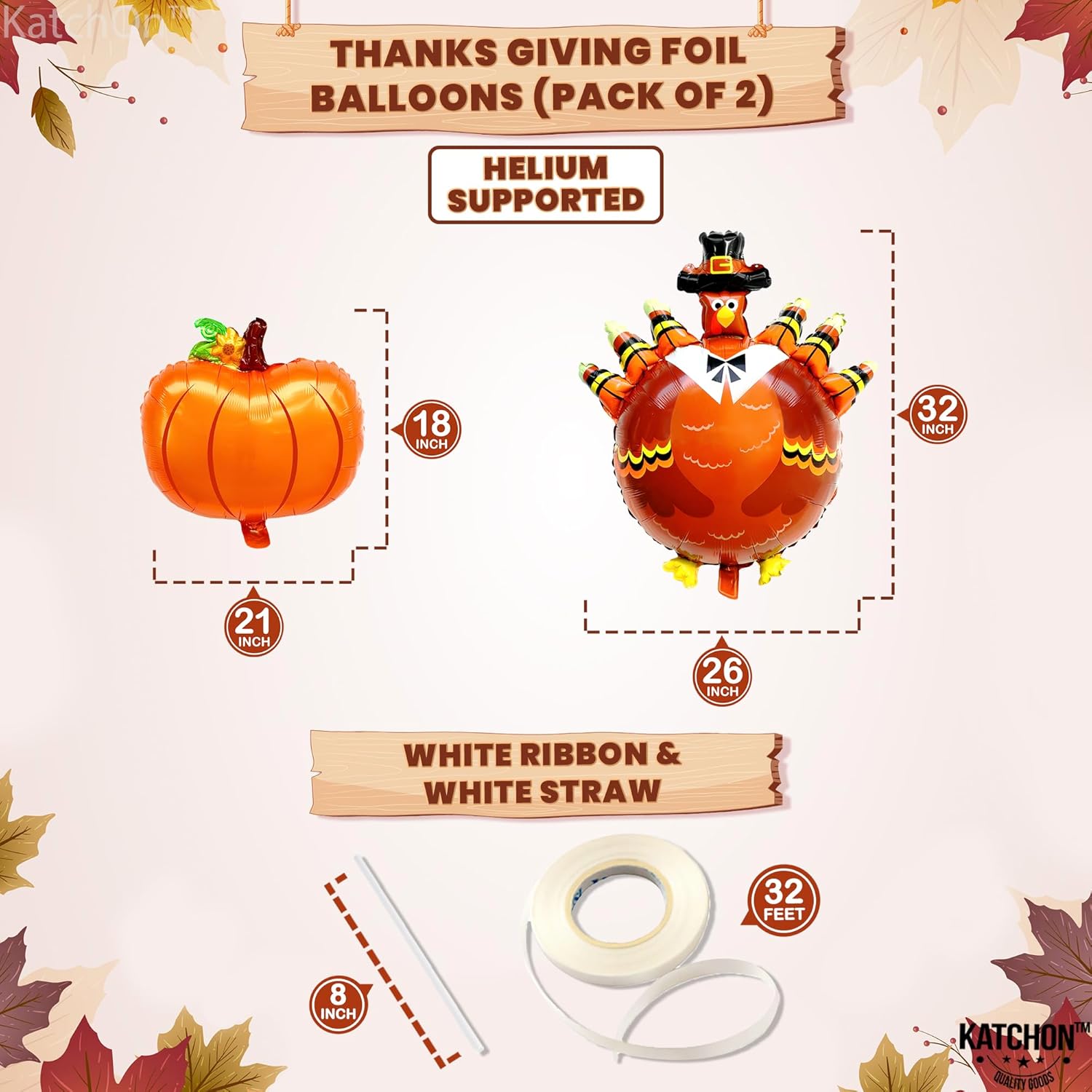 KatchOn, Juego de pancartas de globos con texto en inglés Happy Thanksgiving, tamaño grande de 16 pulgadas, paquete de 3, globos de pavo y calabaza,