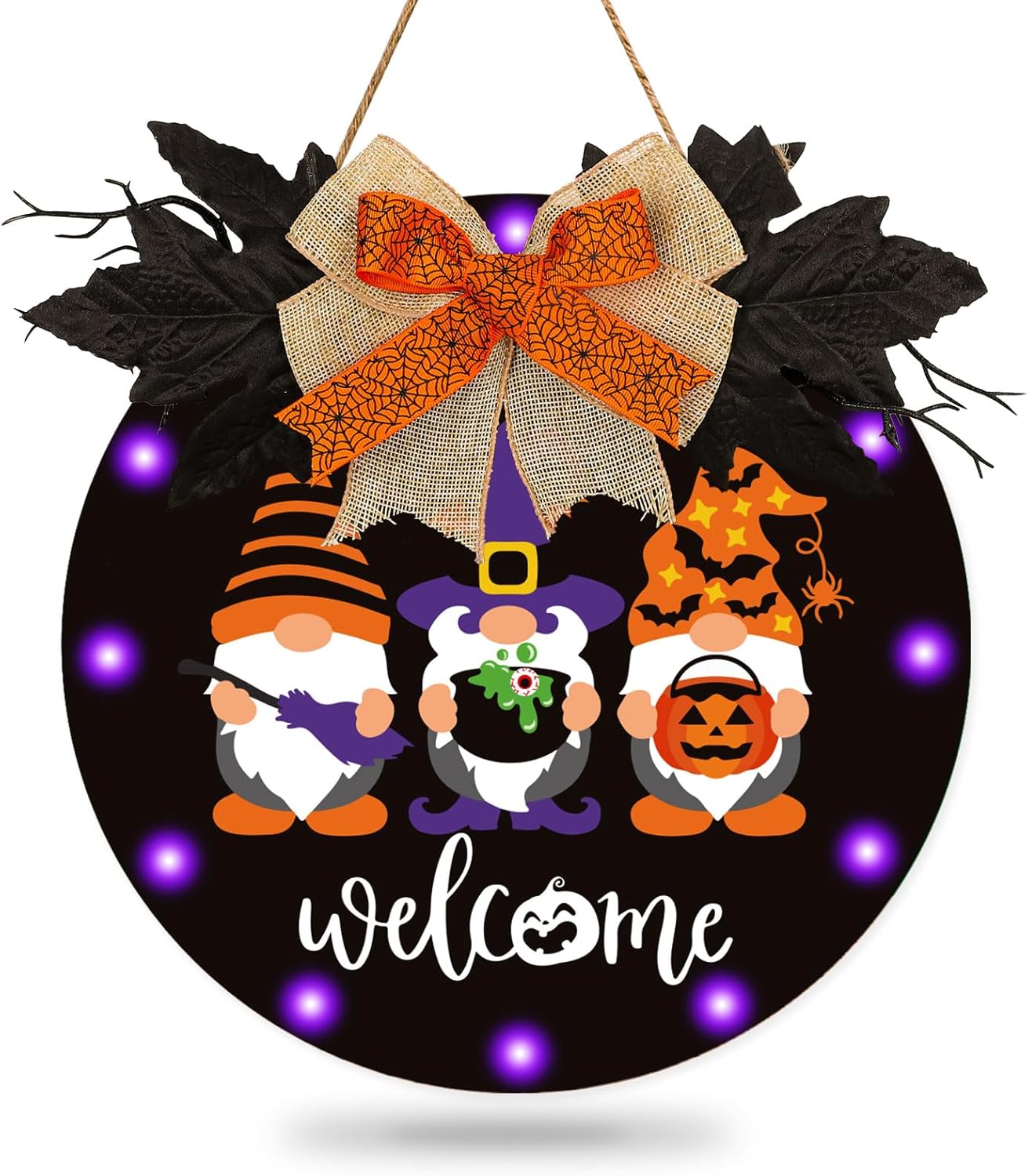 Whaline Letrero de puerta de bienvenida de gnomo de Halloween iluminado de madera con 12 luces LED, luz morada, colgador de puerta para el hogar,